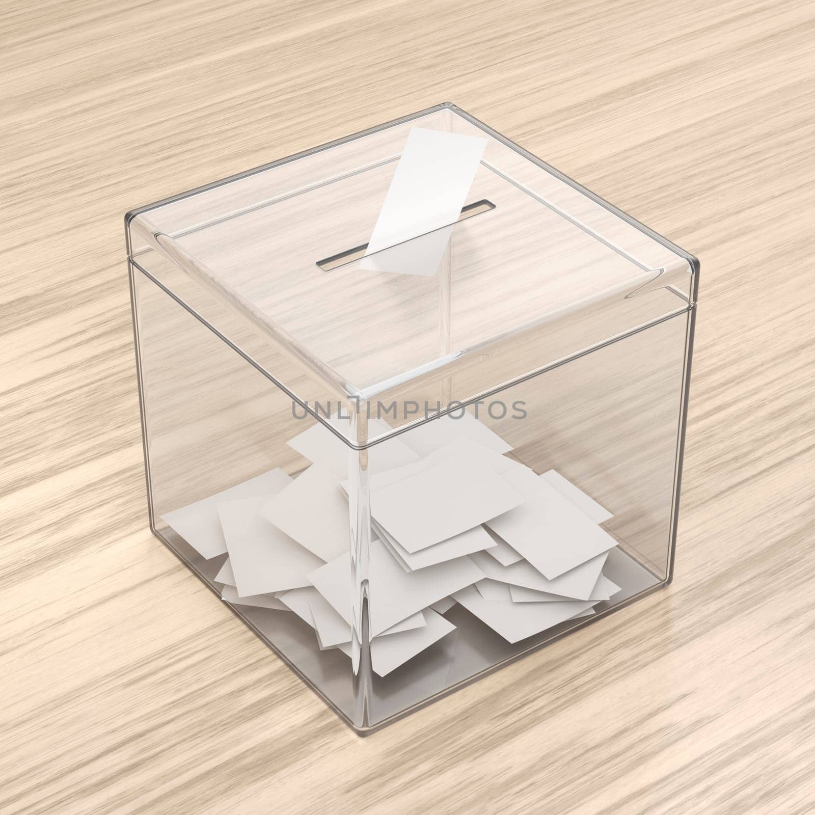 Transparent ballot box with voting paper on wooden desk