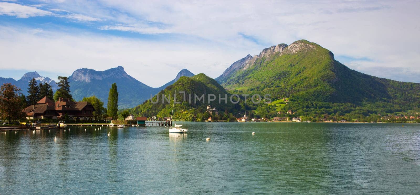 Panoramic view of lake of Annecy in the french Alps