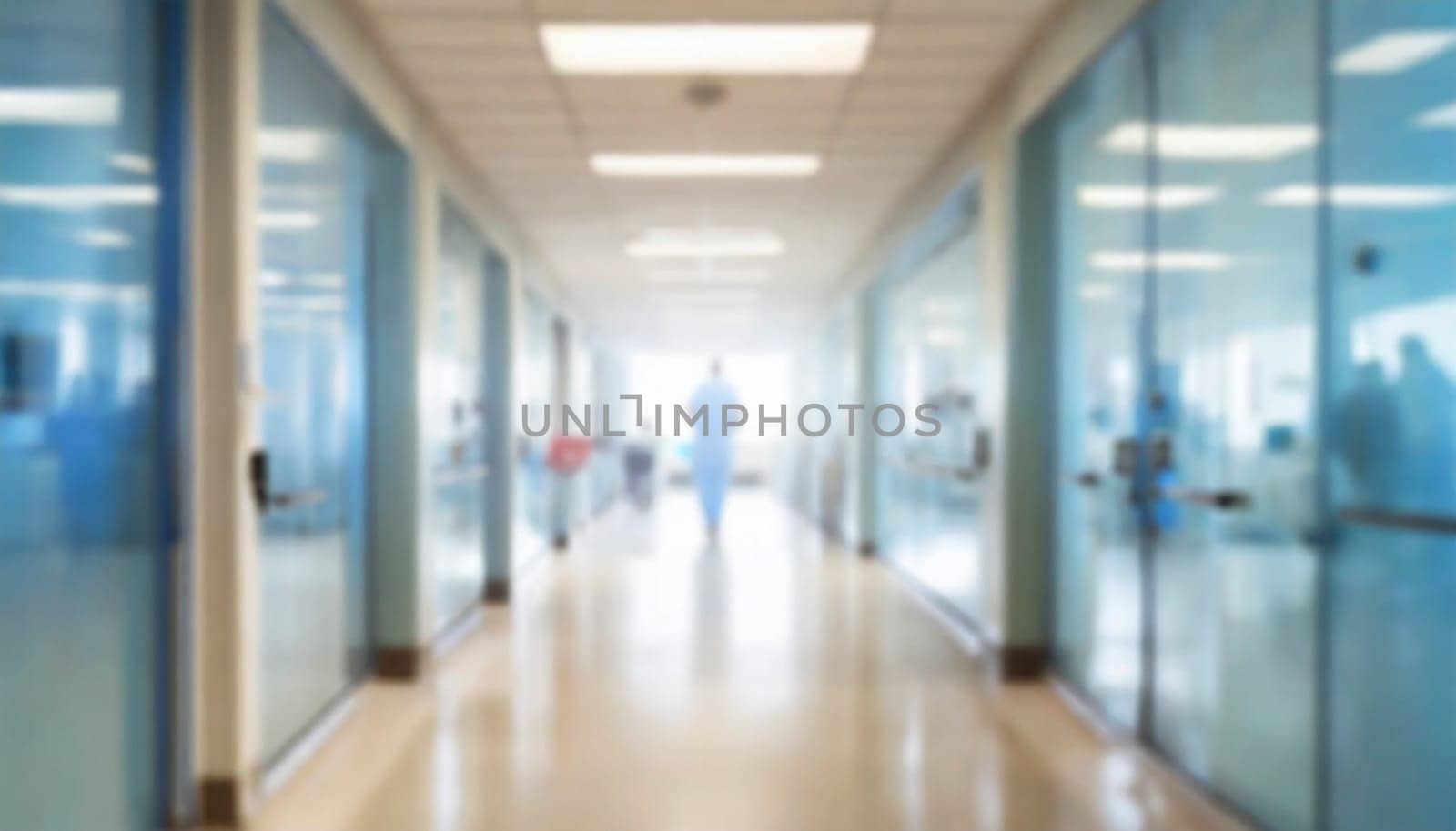 Empty hospital corridor with medical equipment. Blurred background, selective focus. AI generated