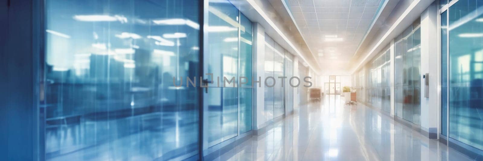 Empty hospital corridor with medical equipment. Blurred background, selective focus. AI generated