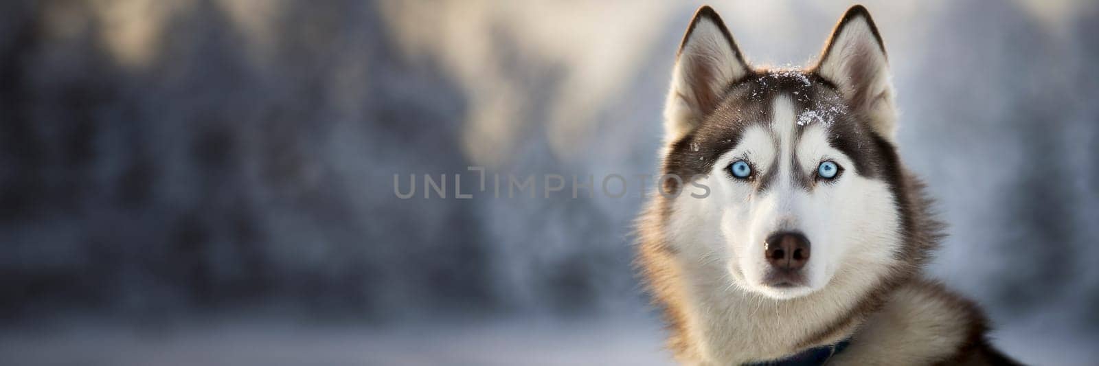 Siberian husky outdoor portrait with winter background. AI generated