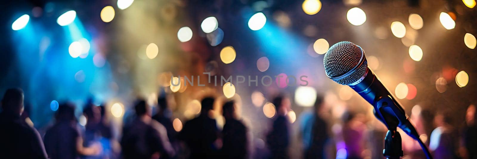 microphone on stage with blurred people and lights in background. AI generated