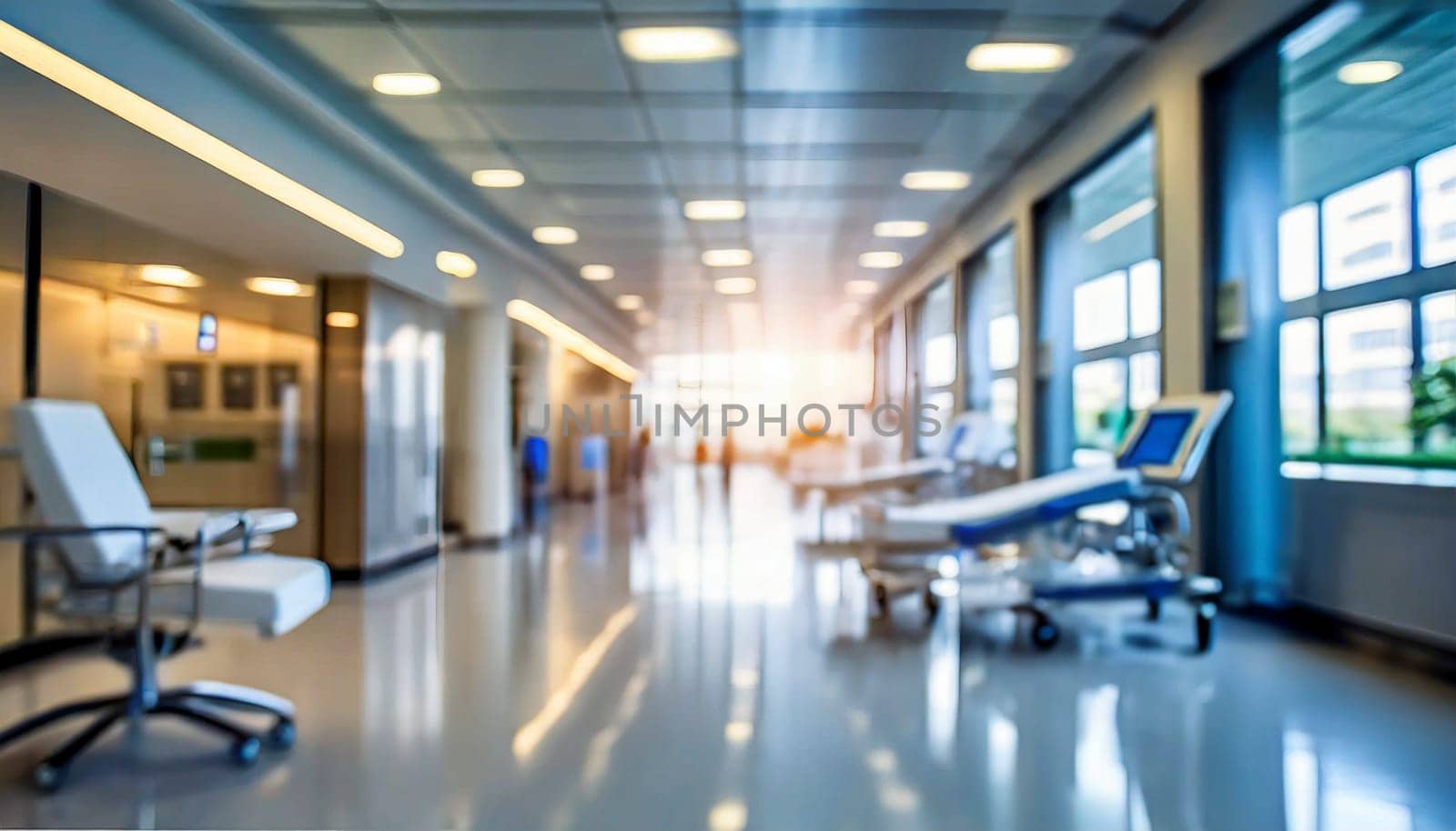 Empty hospital corridor with medical equipment. Blurred background, selective focus. AI generated