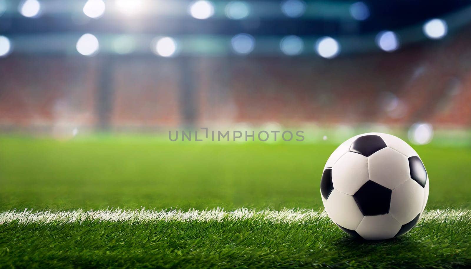 traditional soccer ball on field with stadium lights. AI generated