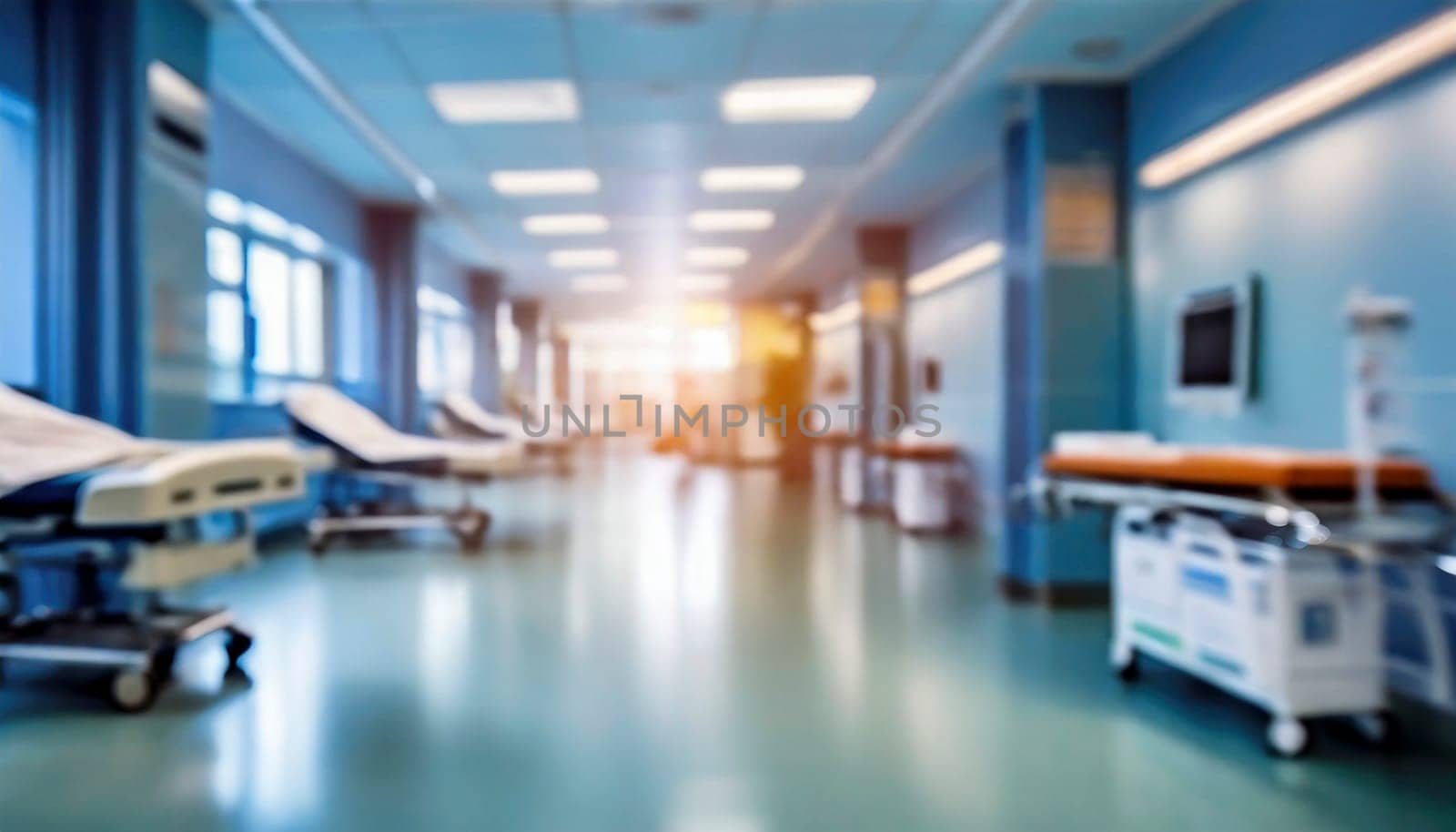 Empty hospital corridor with medical equipment. Blurred background, selective focus. AI generated