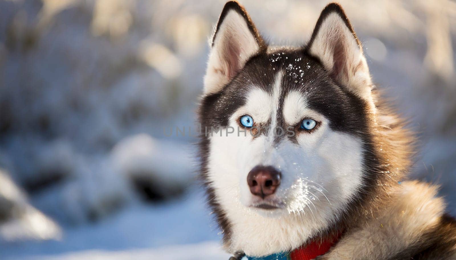 Siberian husky outdoor portrait with winter background. AI generated