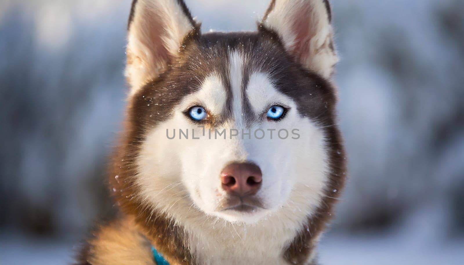 Siberian husky outdoor portrait with winter background. AI generated