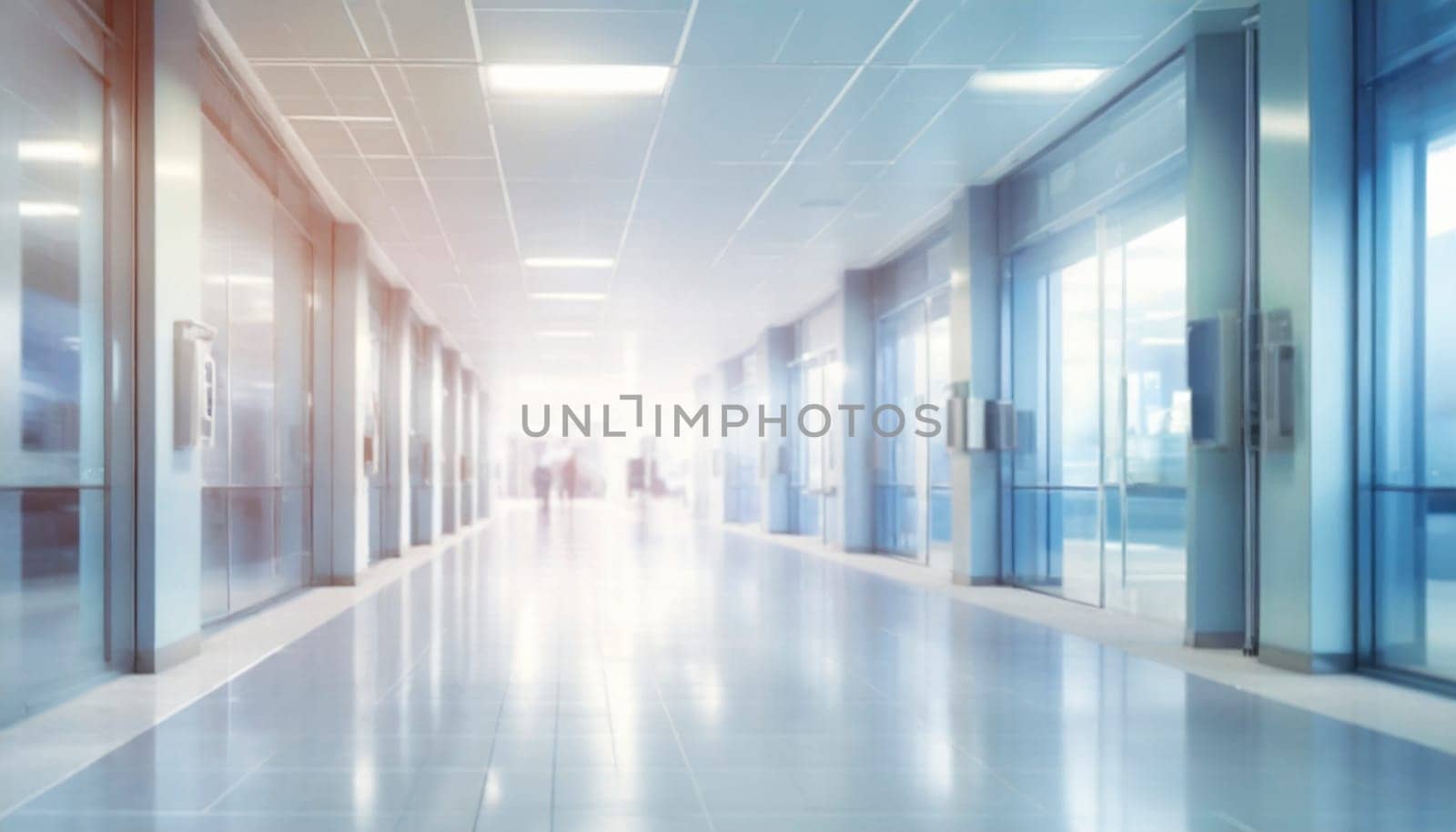 Empty hospital corridor with medical equipment. Blurred background, selective focus. AI generated