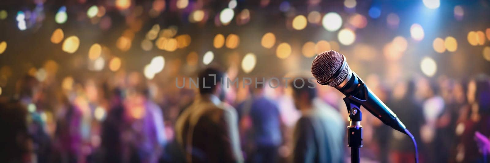 microphone on stage with blurred people and lights in background. AI generated