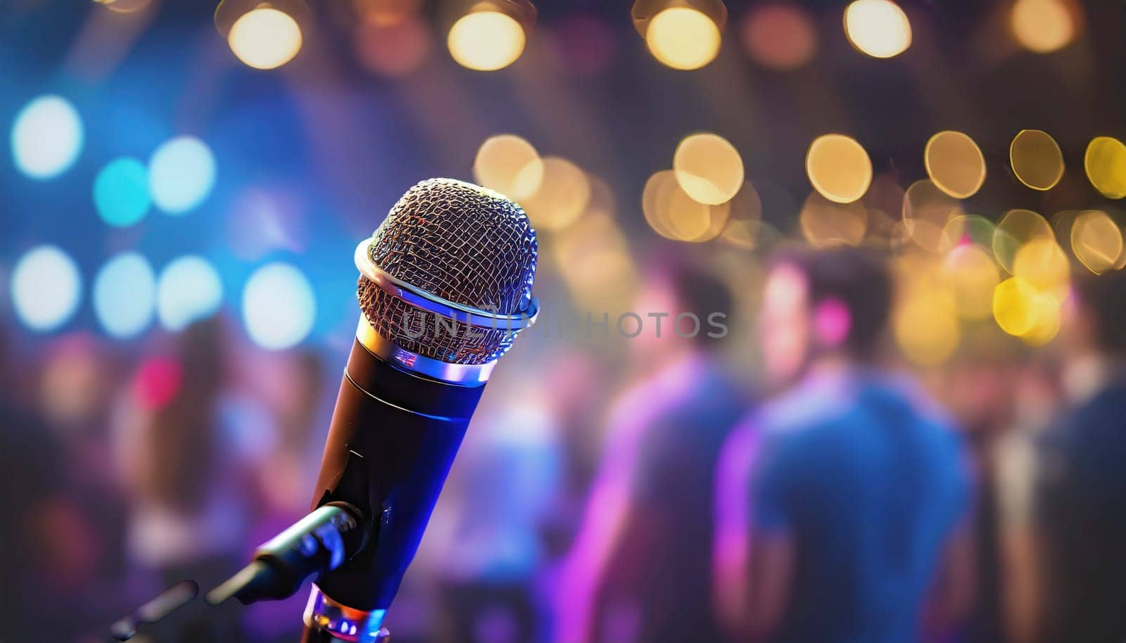 microphone on stage with blurred people and lights in background. AI generated