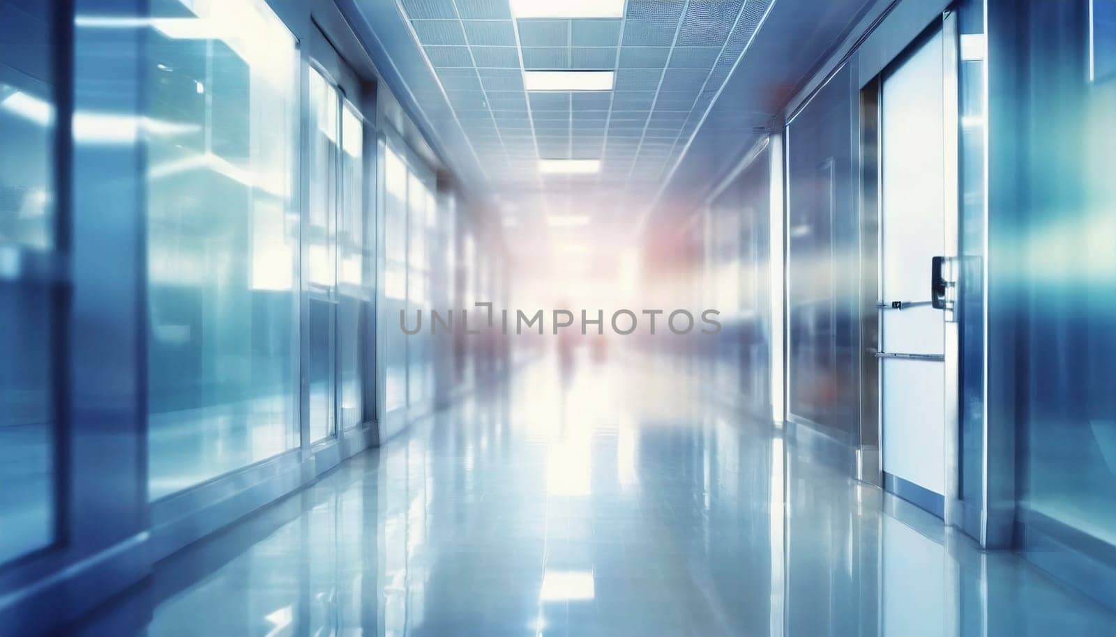 Empty hospital corridor with medical equipment. Blurred background, selective focus. AI generated