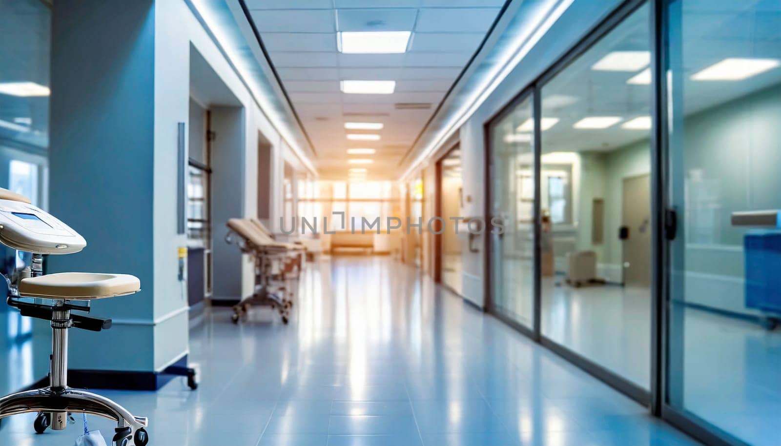 Empty hospital corridor with medical equipment. Blurred background, selective focus. AI generated