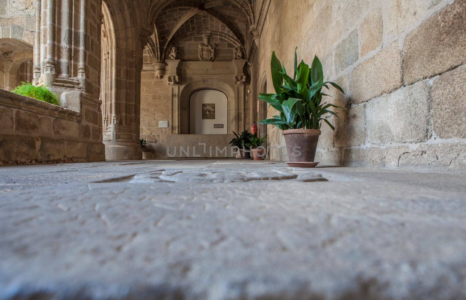 Alcantara, Spain - Oct 6th, 2022: Gothic Cloister of Convent of San Benito de Alcantara, Caceres, Spain. Former refectory