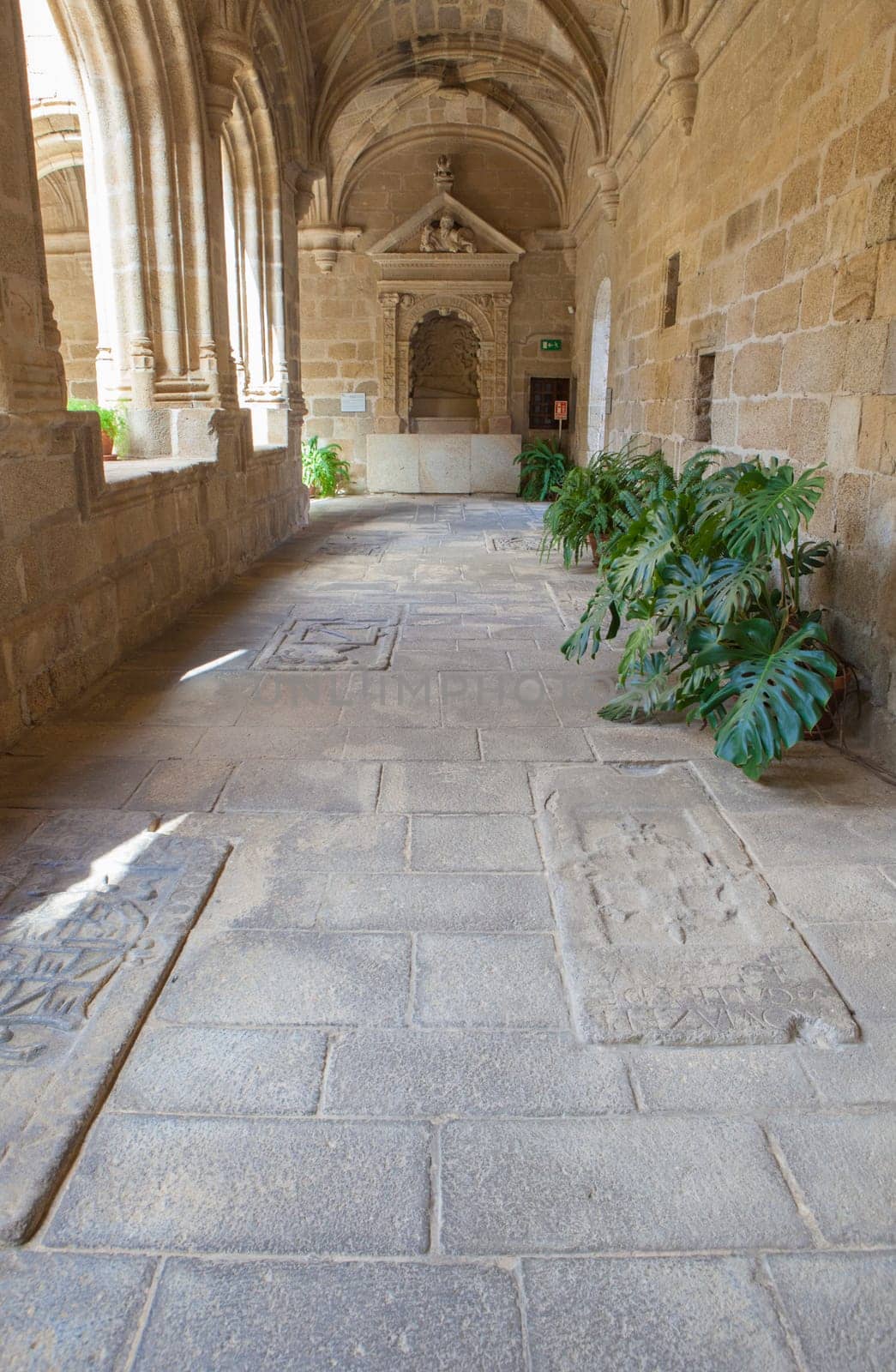 Alcantara, Spain - Oct 6th, 2022: Gothic Cloister of Convent of San Benito de Alcantara, Caceres, Spain. Former refectory