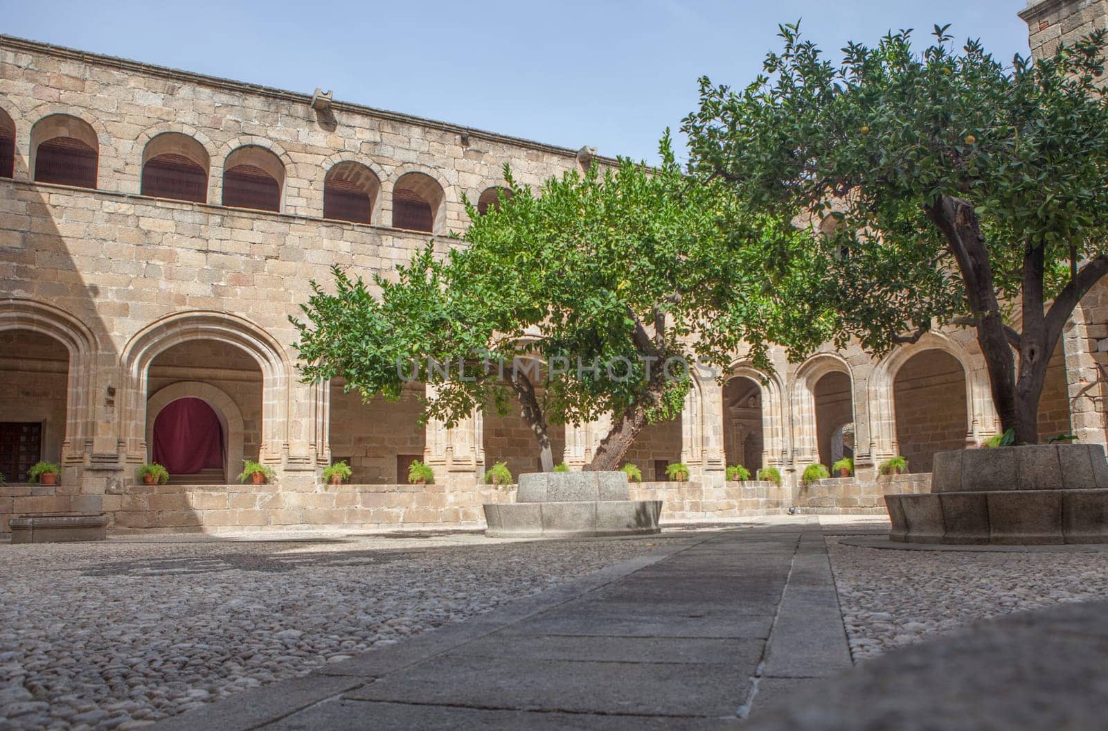 Alcantara, Spain - Oct 6th, 2022: Gothic Cloister of Convent of San Benito de Alcantara, Caceres, Spain. Former refectory