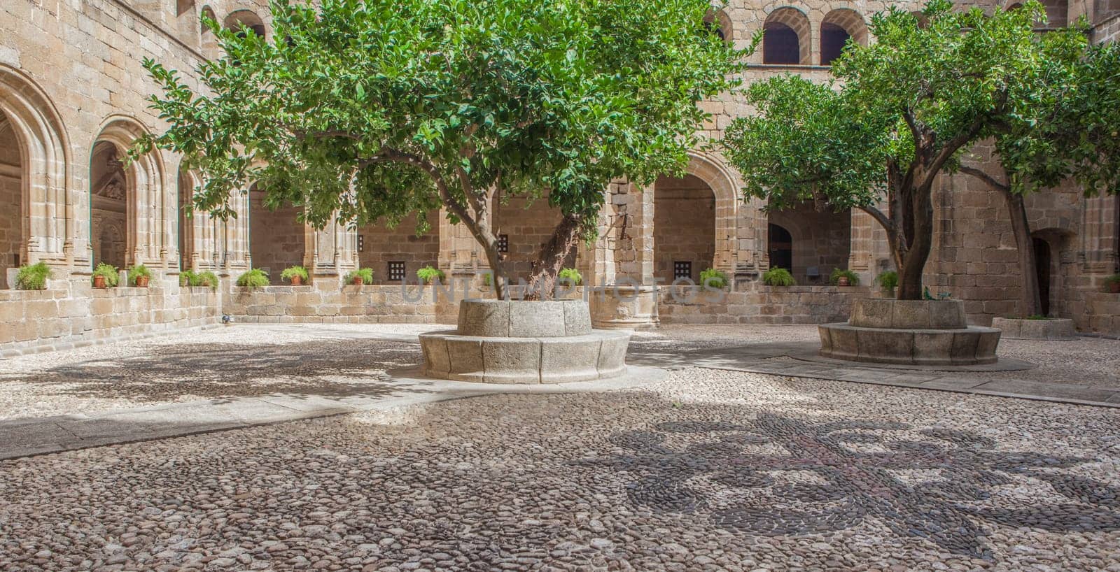 Alcantara, Spain - Oct 6th, 2022: Gothic Cloister of Convent of San Benito de Alcantara, Caceres, Spain. Former refectory