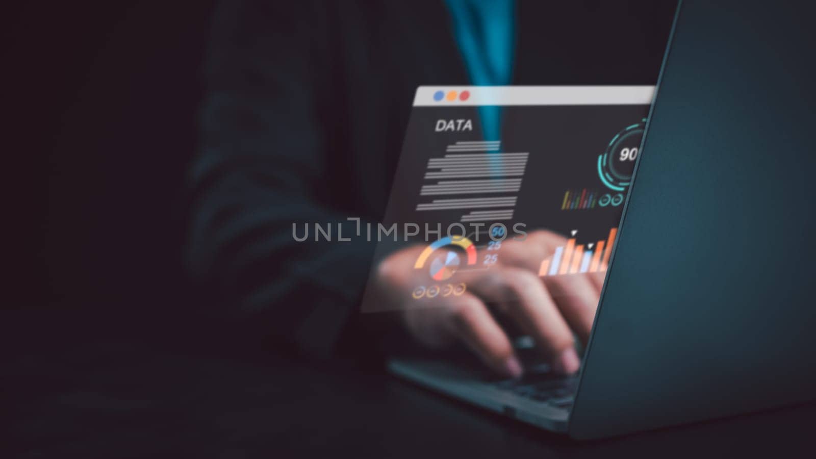 Business people use computers to analyze business and manage corporate data, business analytics with charts, metrics and KPIs to improve organizational performance, marketing, financial organization strategy.