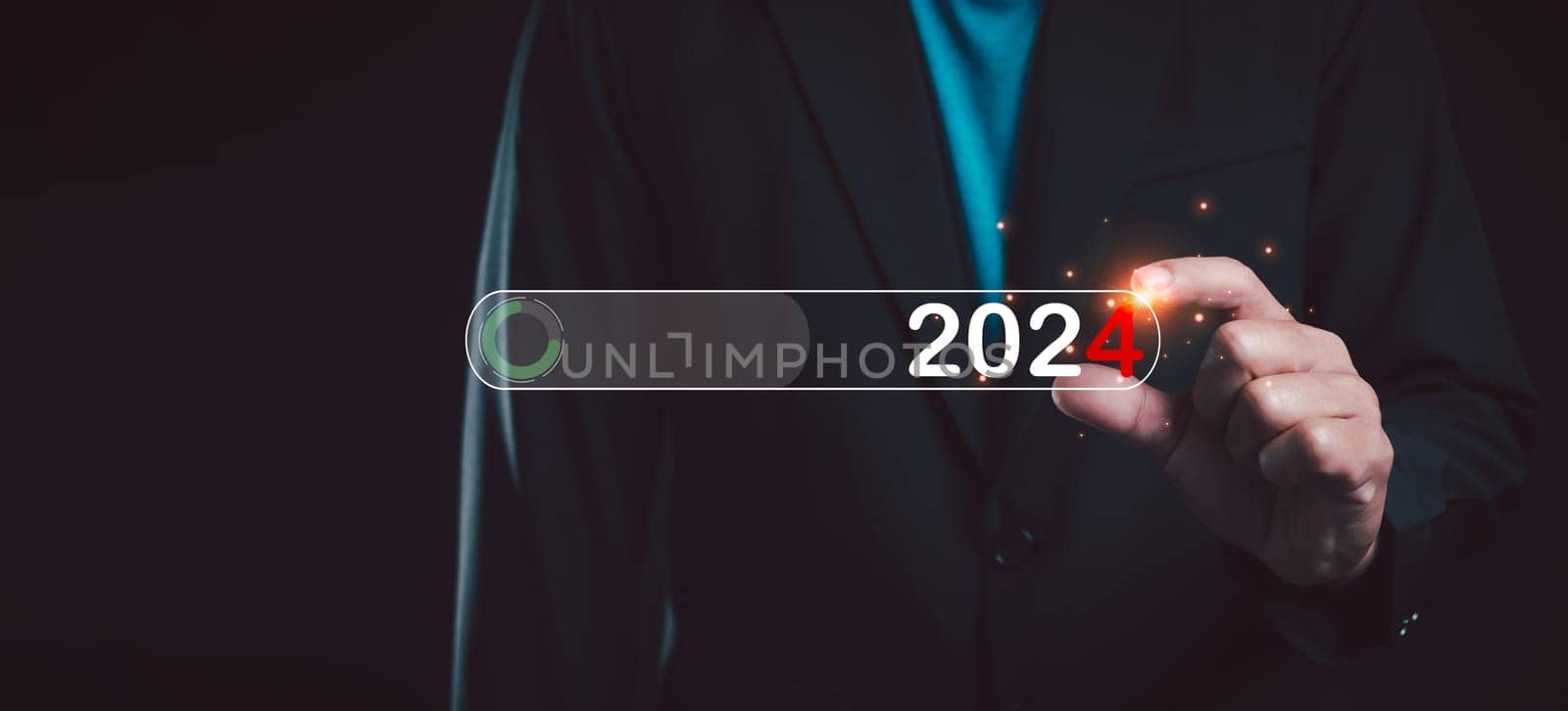 Businessman touch on virtual bar status to change to 2024, countdown of merry Christmas and happy new year by technology concept, start new business and new life. New year's start-up.