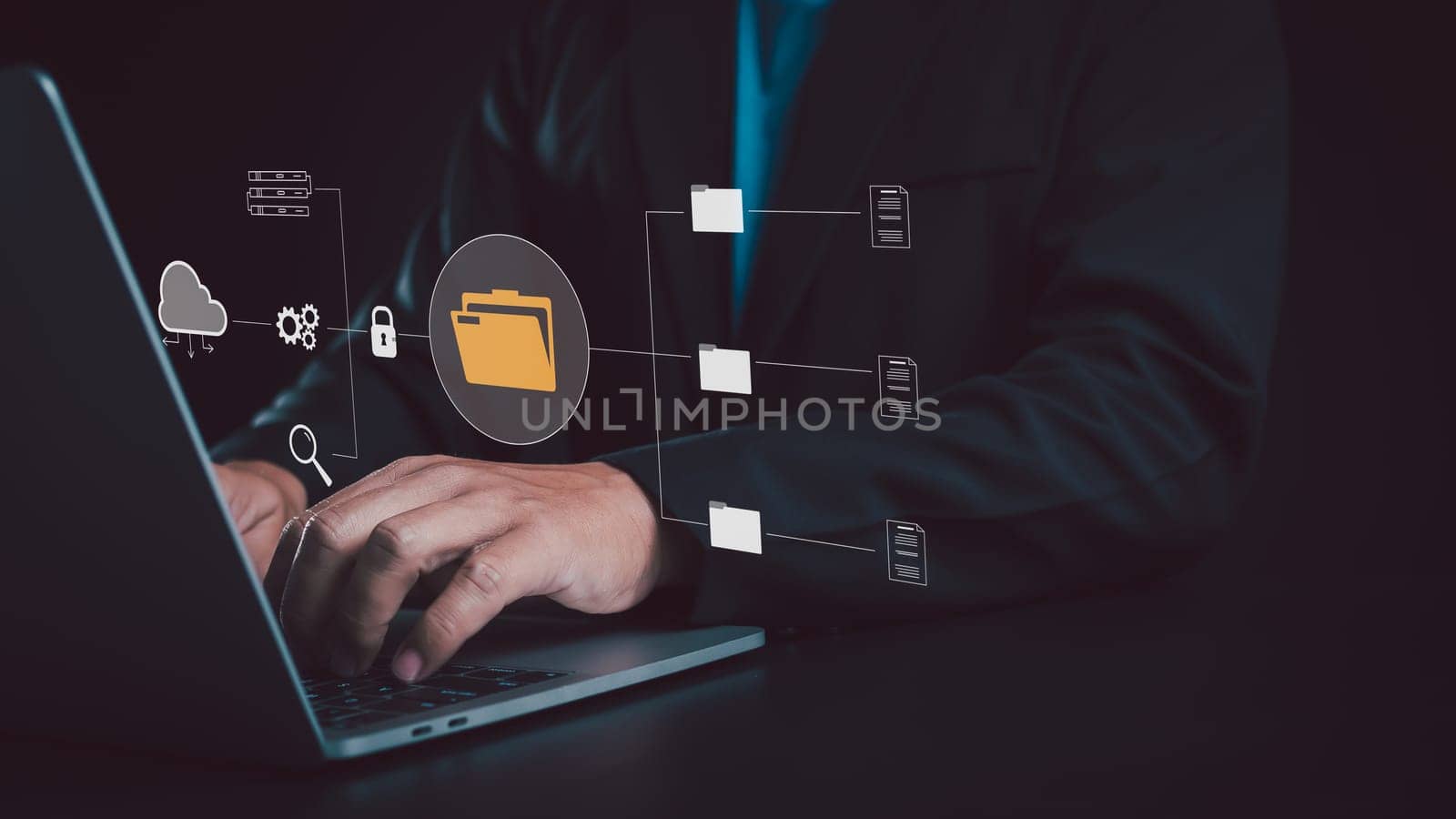 Folder document Management System DMS Open File folder with flying blank documents with computer. Data transfer backup, File Sharing, Document Transferring concept. searching and managing files. Big data concept.