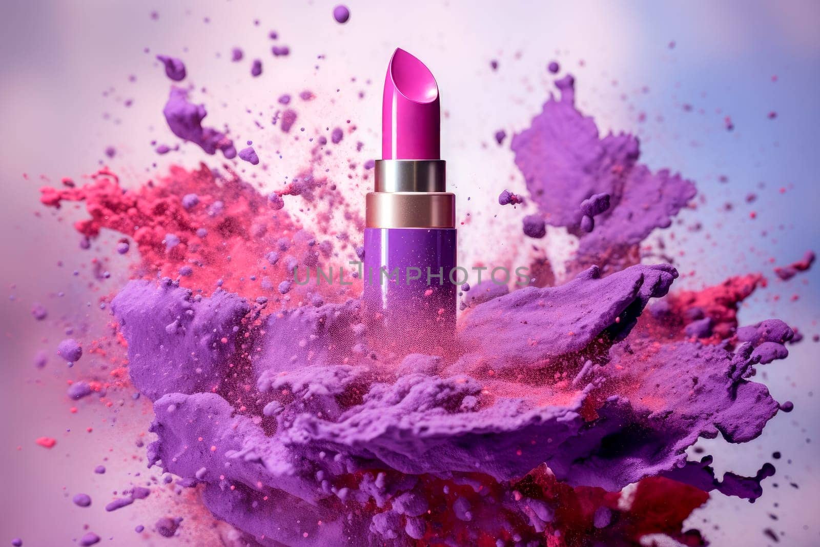 Explosion of purple cosmetic powder and lipstick . AI generated