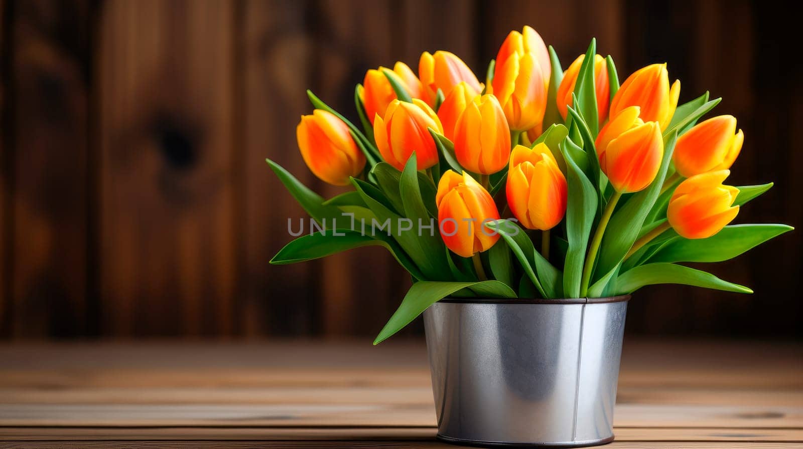 Tulips in metal bucket on a brown wooden background. AI generated