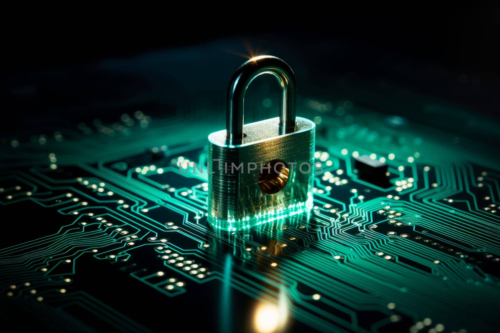 Internet digital security technology concept, padlock on circuit board.Cyber Security Digital Data Network Protection. AI generated