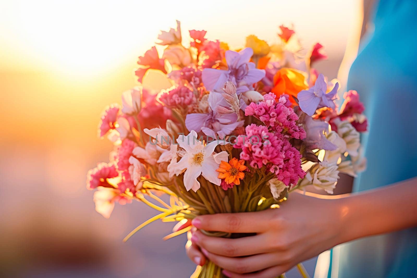 Hand with bouquet of beautiful wild flowers in the summer sun . Bright bunch of flowers in hands. Flowers as a present. AI generated