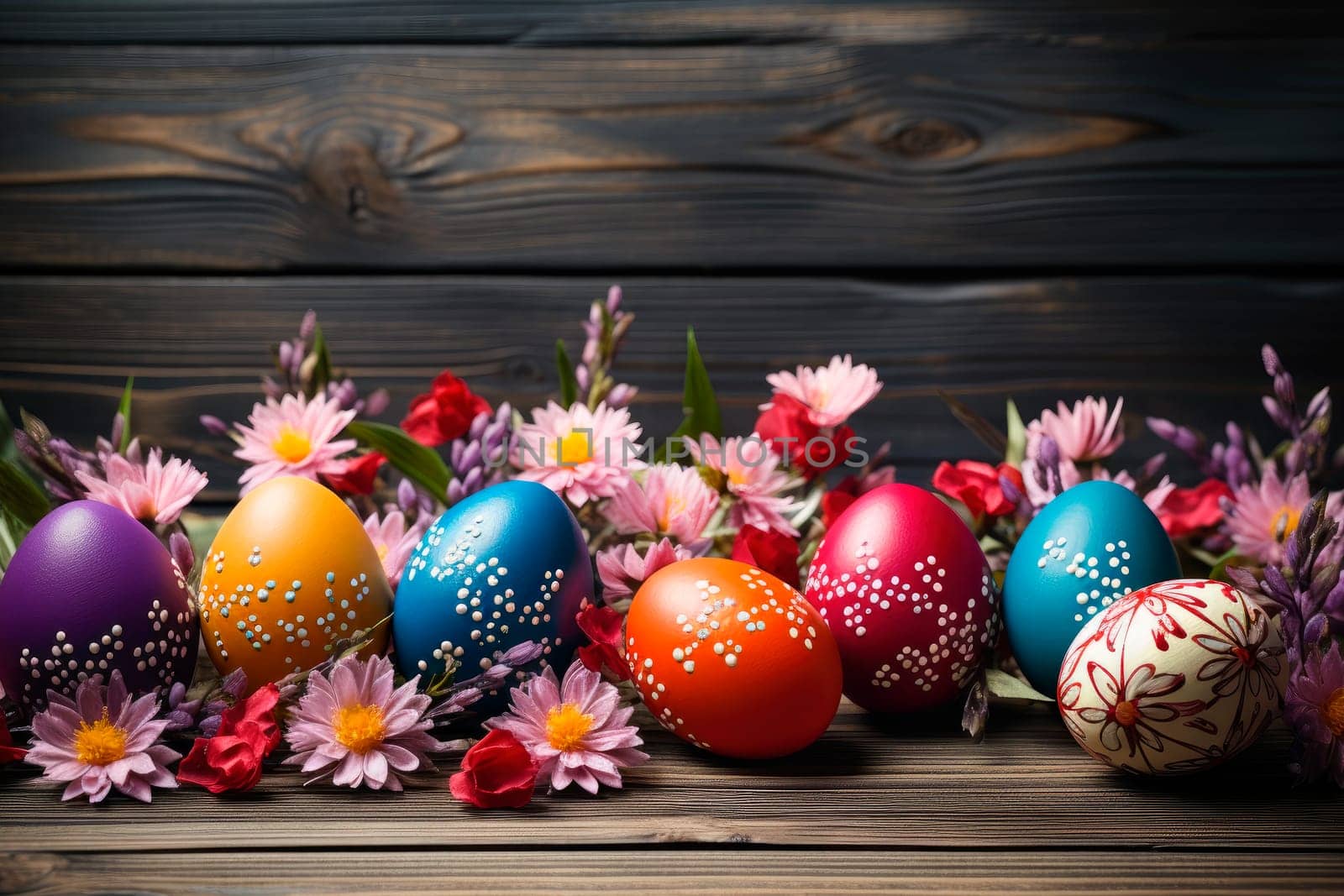 Colorful traditional painted Easter eggs on painted rustic wooden background sprinkled with dry thin grass and flowers. Easter holiday background. AI generated