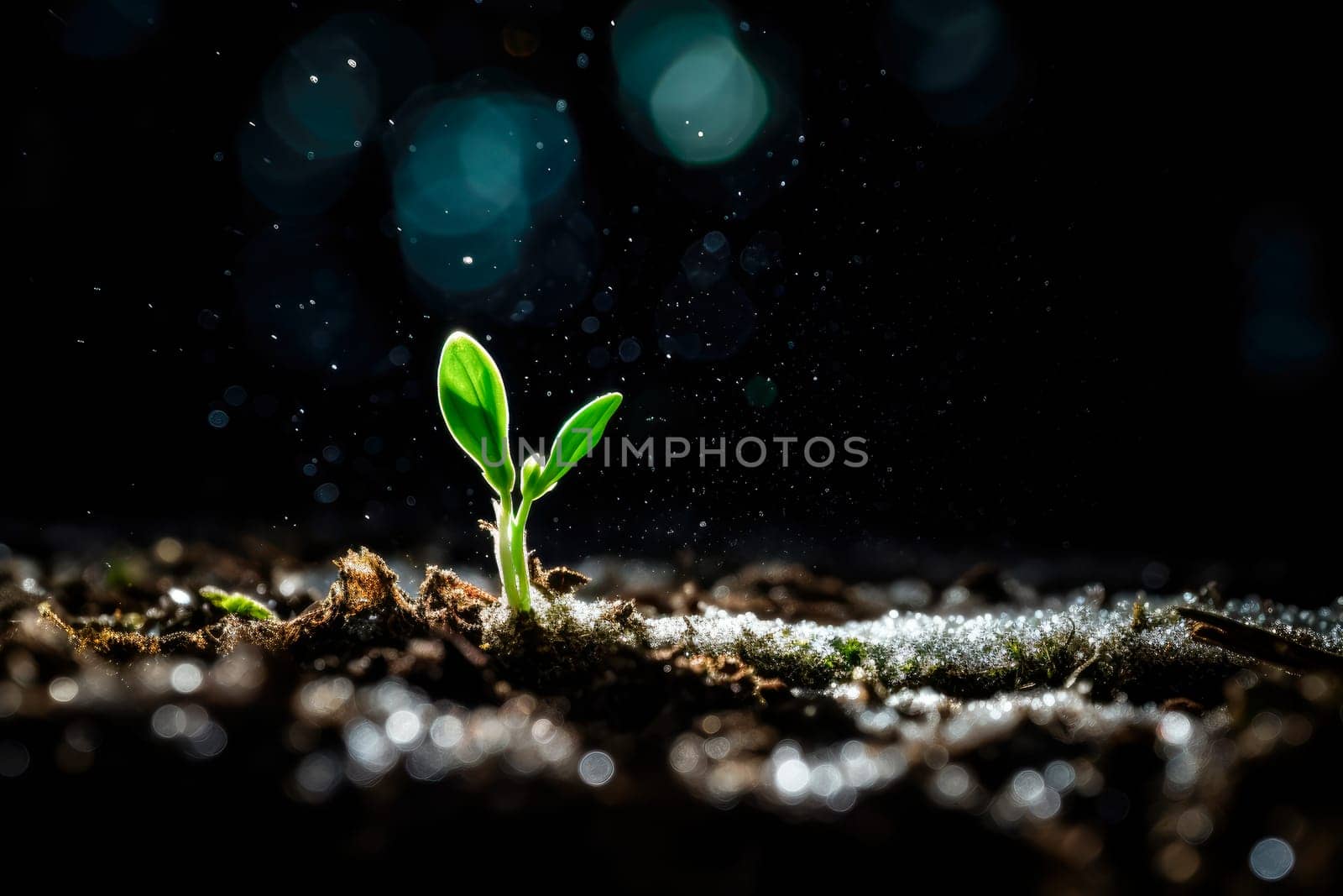 A small bean sprout emerging from the cold ground, symbolizing resilience and growth against all odds. Green sprout breaking through the soil. AI generated