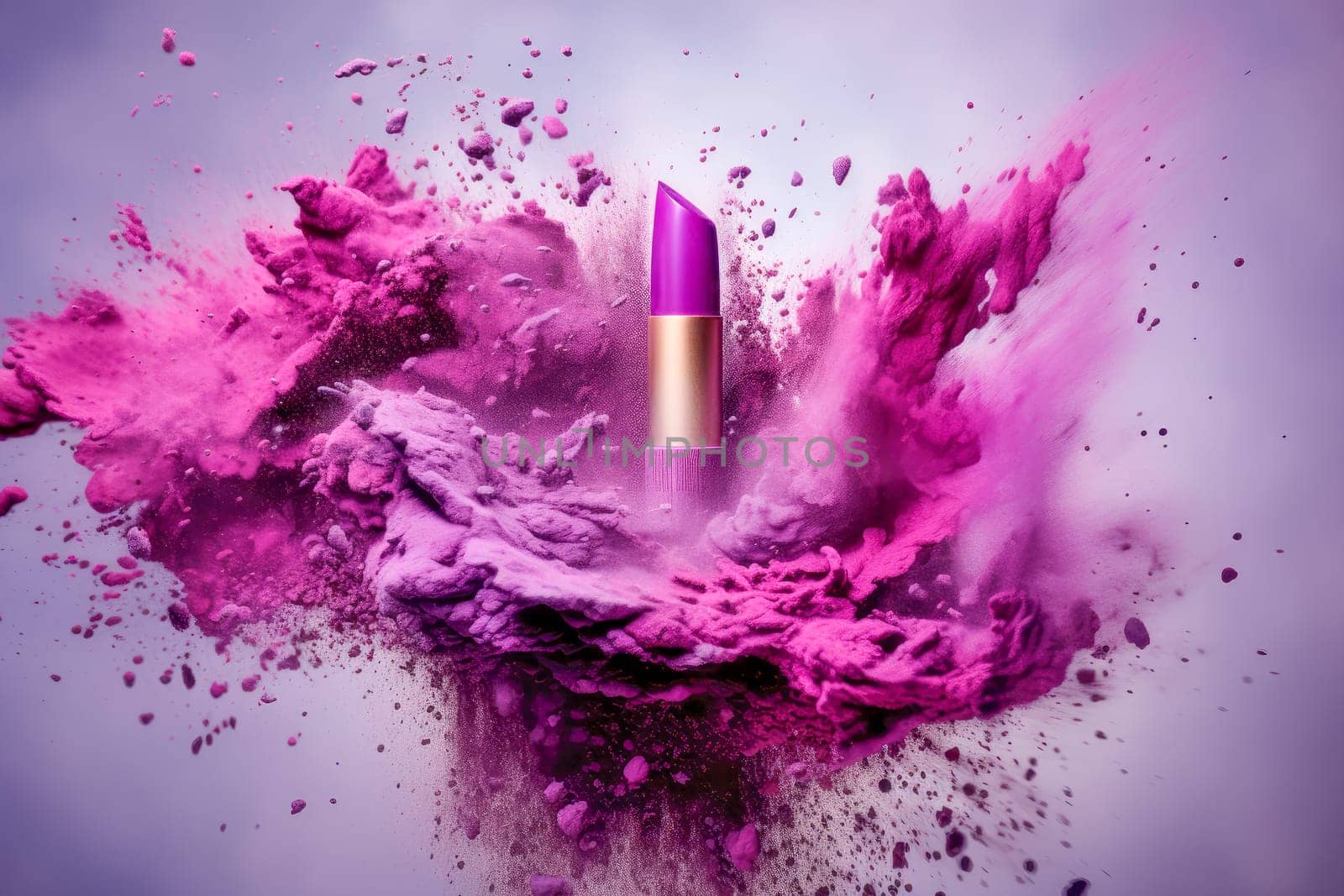 Explosion of pink and purple cosmetic powder and lipstick . AI generated