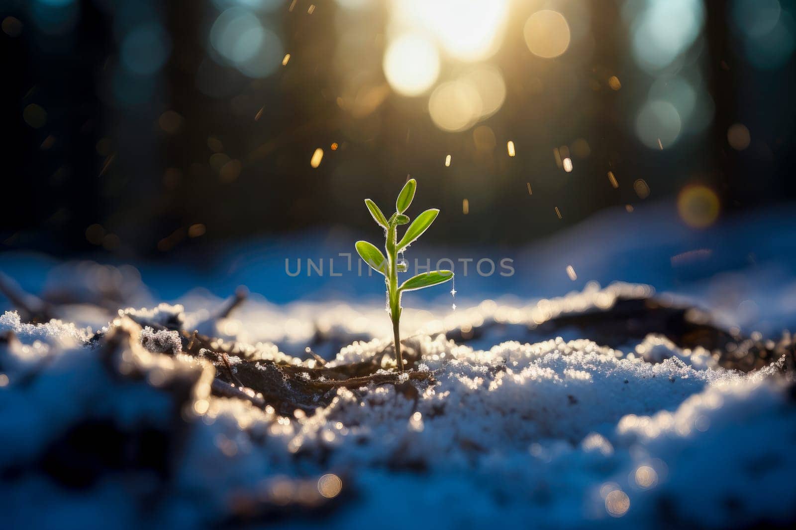 A small bean sprout emerging from the cold ground, symbolizing resilience and growth against all odds. Fresh bean sprout breaking through the soil. AI generated