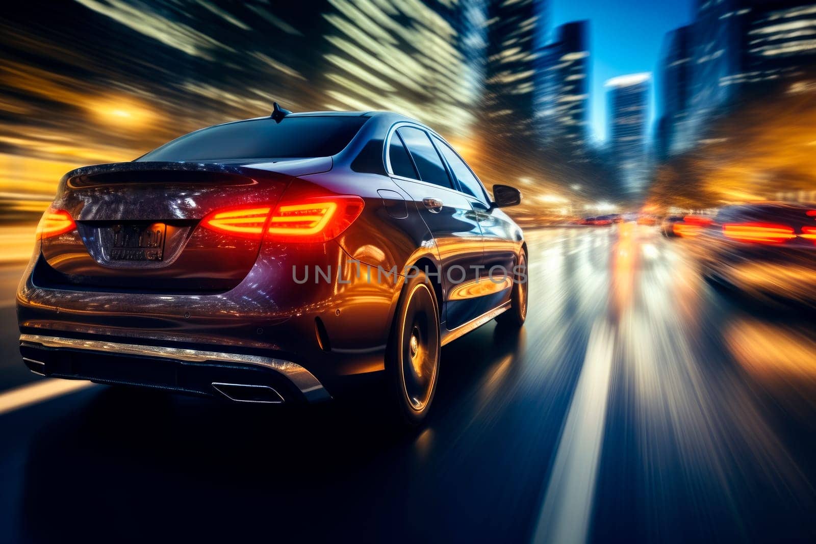 Evening car traffic during the communication rush. Back view of a car tail lights. Evening car traffic. AI generated