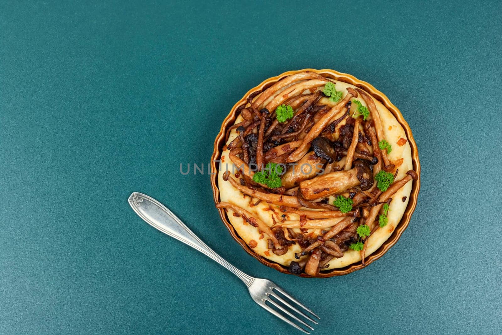 Tasty mushroom pie or classic mushroom galette. Tart or pie with mushrooms. Copy space.