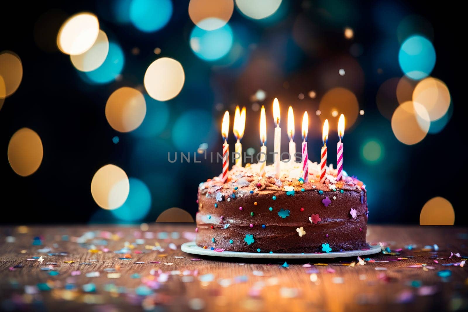 A vibrant and festive background image for a birthday celebration. Birthday cake with candles, bright lights, and confetti. AI generated