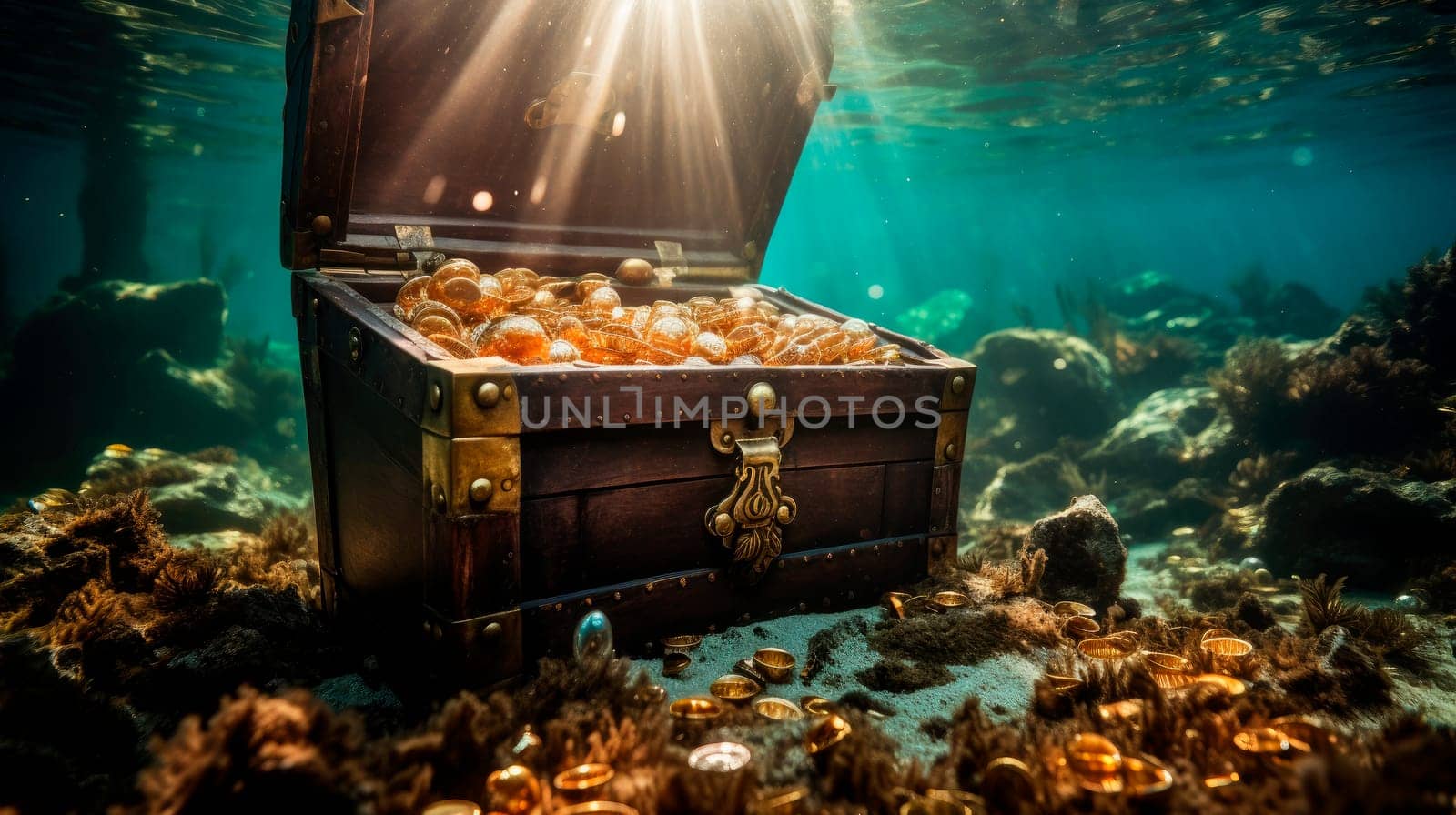 Open treasure chest sunken at the bottom of the sea. AI generated