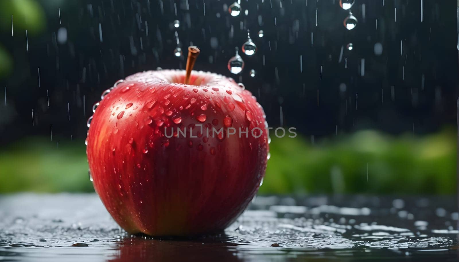 A red apple with drops of water in the rain