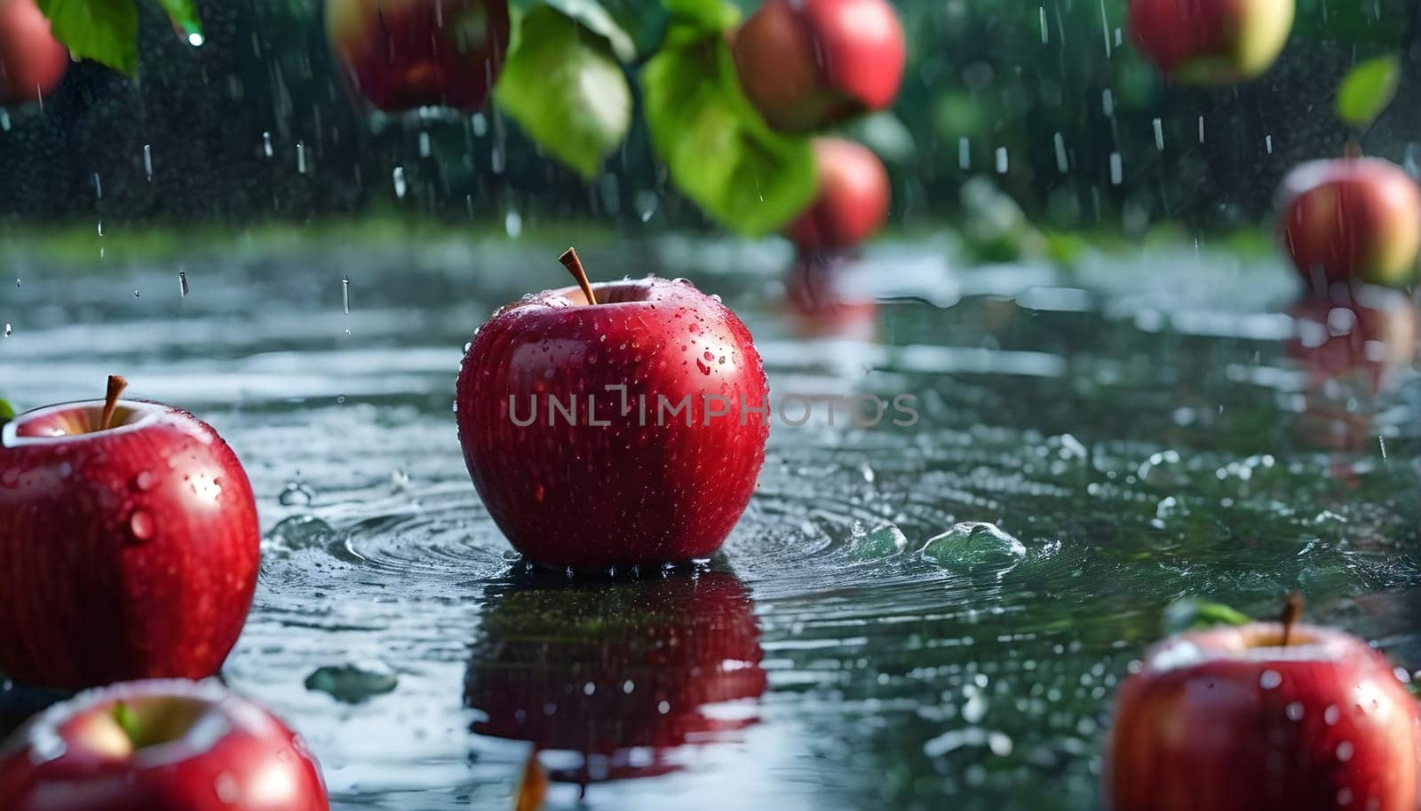 A red apple with drops of water in the rain