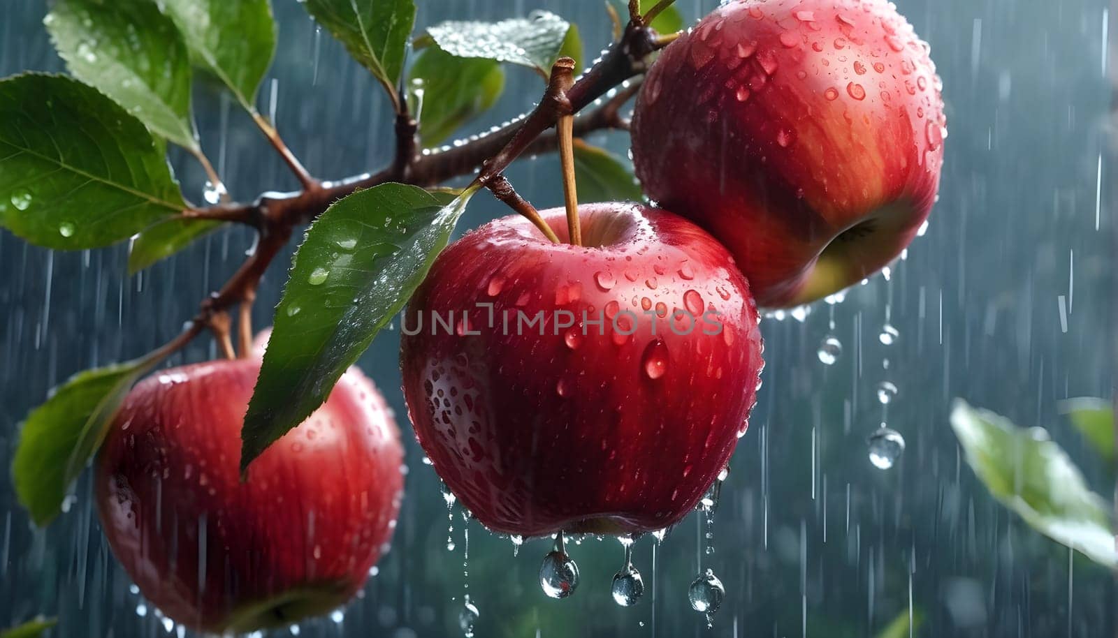 A red apple with drops of water in the rain