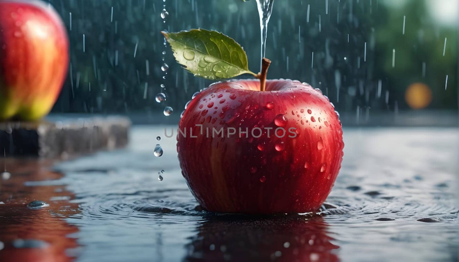A red apple with drops of water in the rain