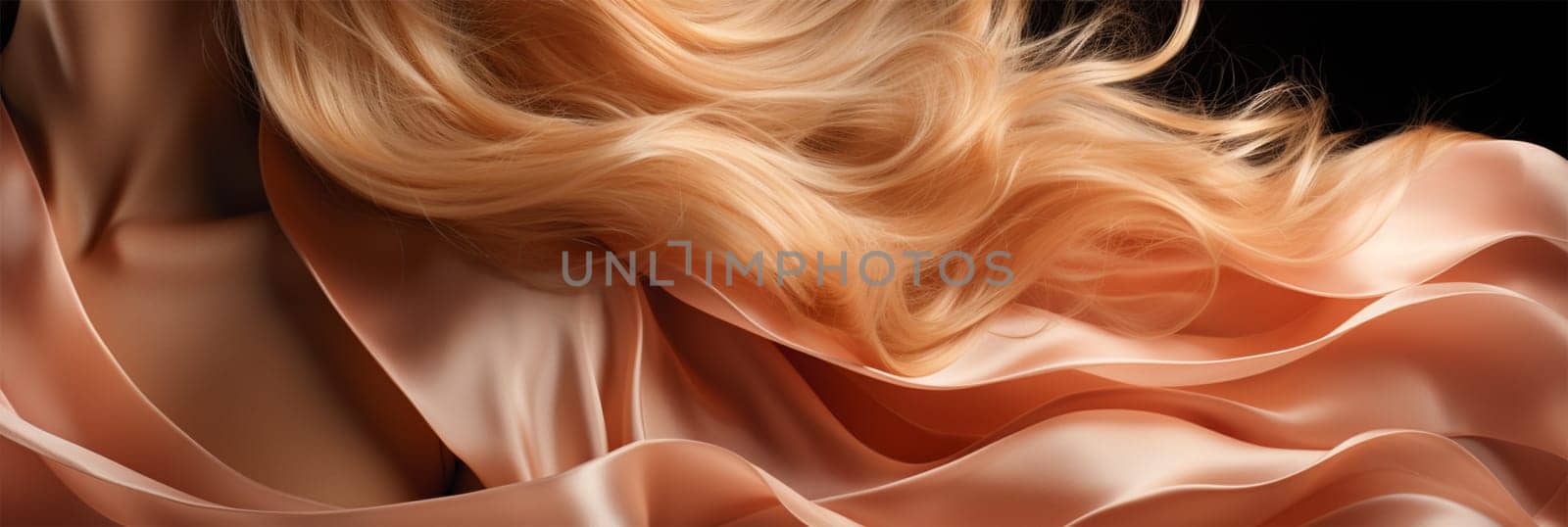 developing blond hair and silk fabric on a dark background close-up, Banner. content for beauty salons and bloggers. space for text