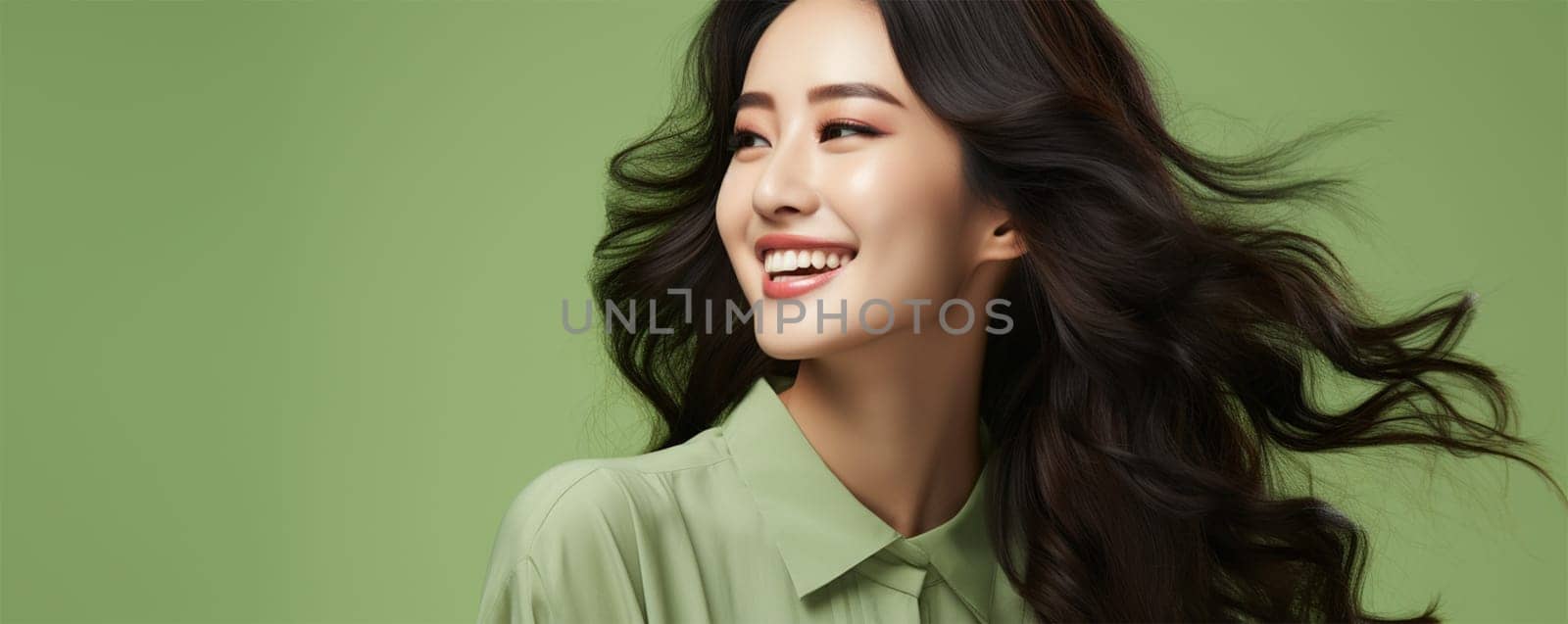 cheerful asian young woman with a smile presenting an idea while standing alone on a color background. banner for beauty salons