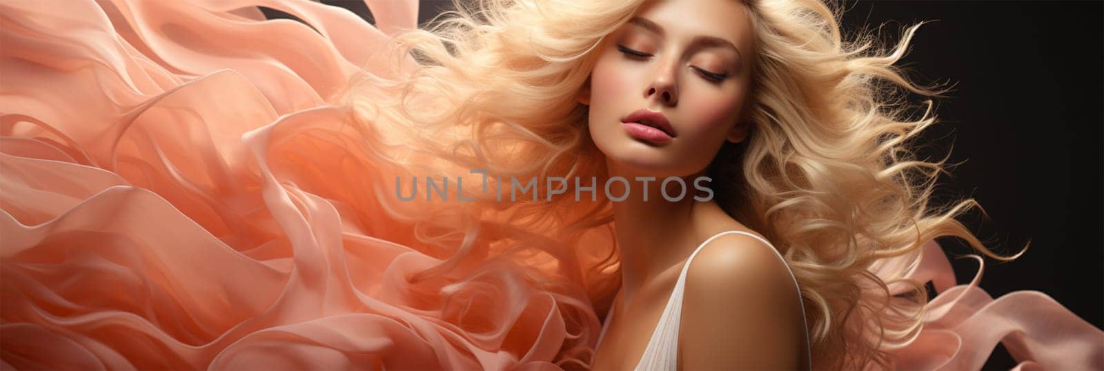beauty portrait of a young woman with developing blond hair and silk fabric on a dark background close-up, Banner. content for beauty salons and bloggers. space for text
