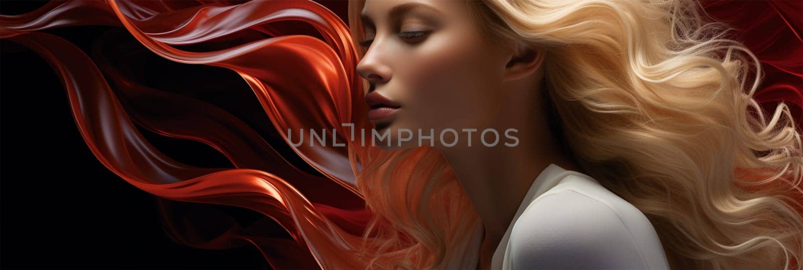 beauty portrait of a young woman with developing blond hair on a background and red silk fabric close-up, Banner. content for beauty salons and bloggers. space for text
