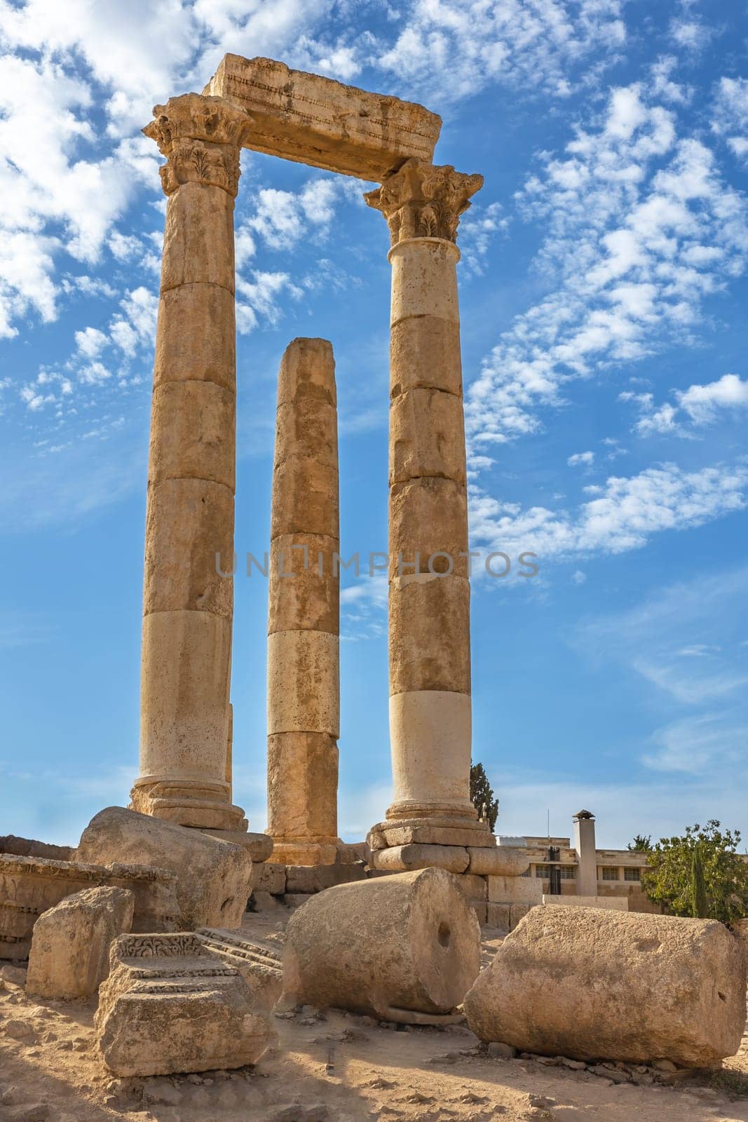 Columns of ruins of the uncompleted Roman Temple of Hercules at the Amman Citadel. Amman. Jordan. Vertically.
