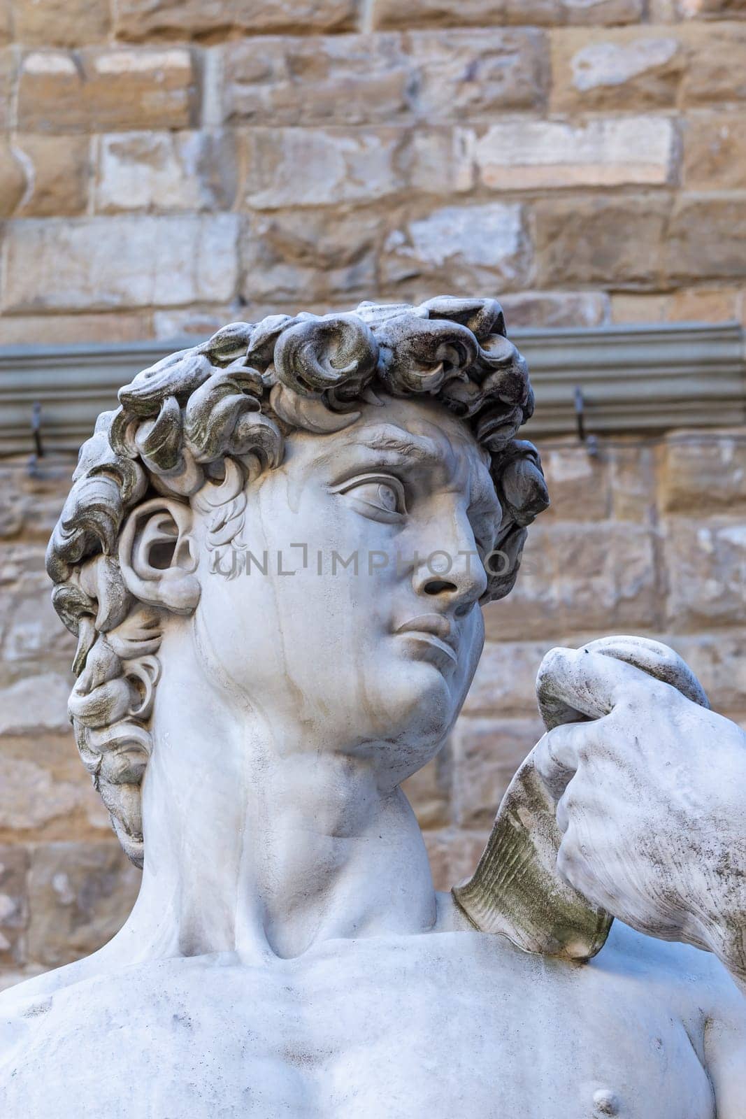 Head of white marble statue of David at Piazza della Signoria square, Florence, Tuscany, Italy