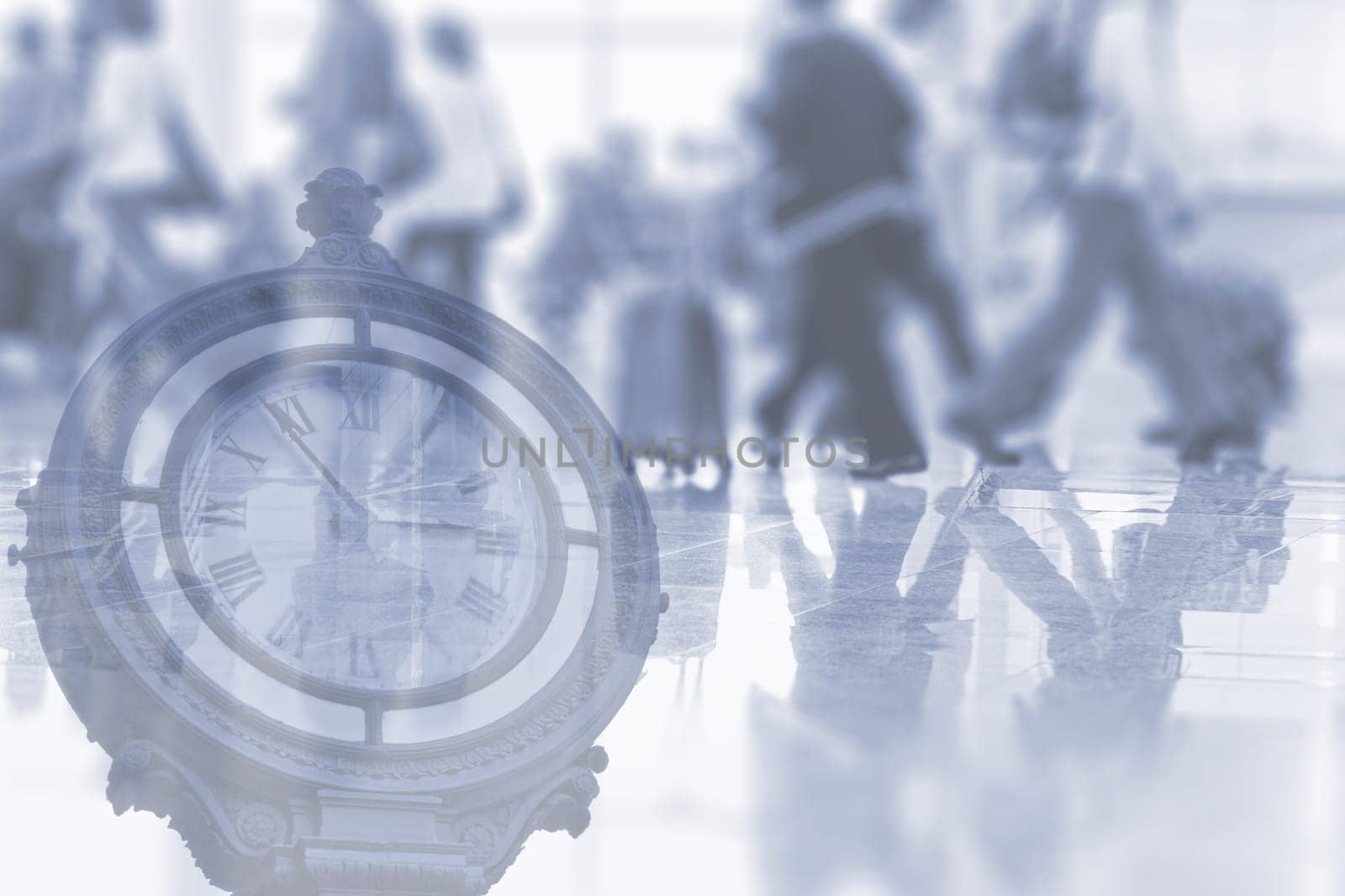 Abstract image of people walking in the airport with  clock as double exposure background. It can be used as background of travel.concept.