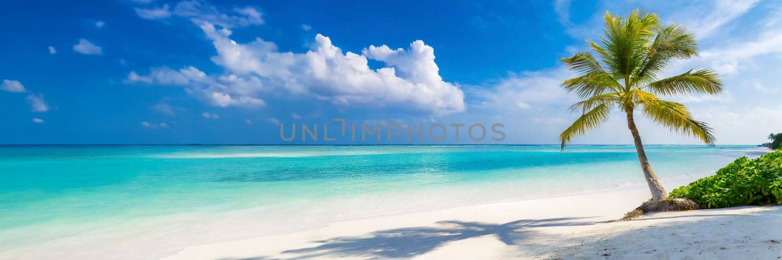 Sunny tropical Caribbean beach with palm tree and turquoise water. AI generated