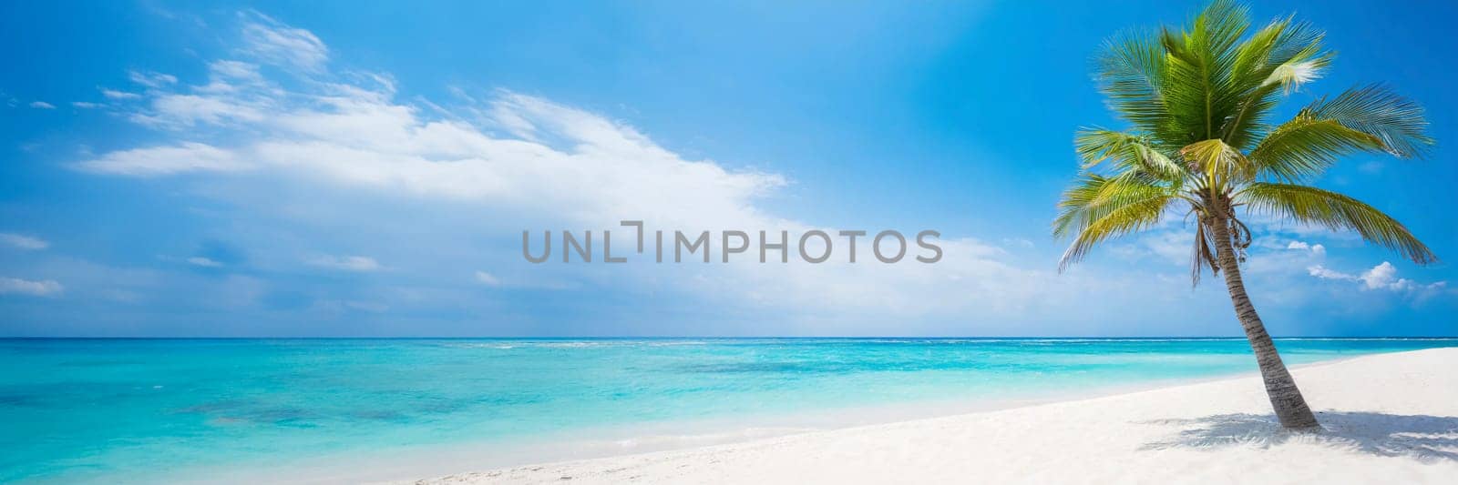 Sunny tropical Caribbean beach with palm tree and turquoise water. AI generated