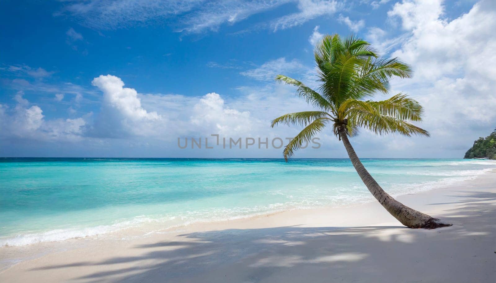 Sunny tropical Caribbean beach with palm tree and turquoise water. AI generated