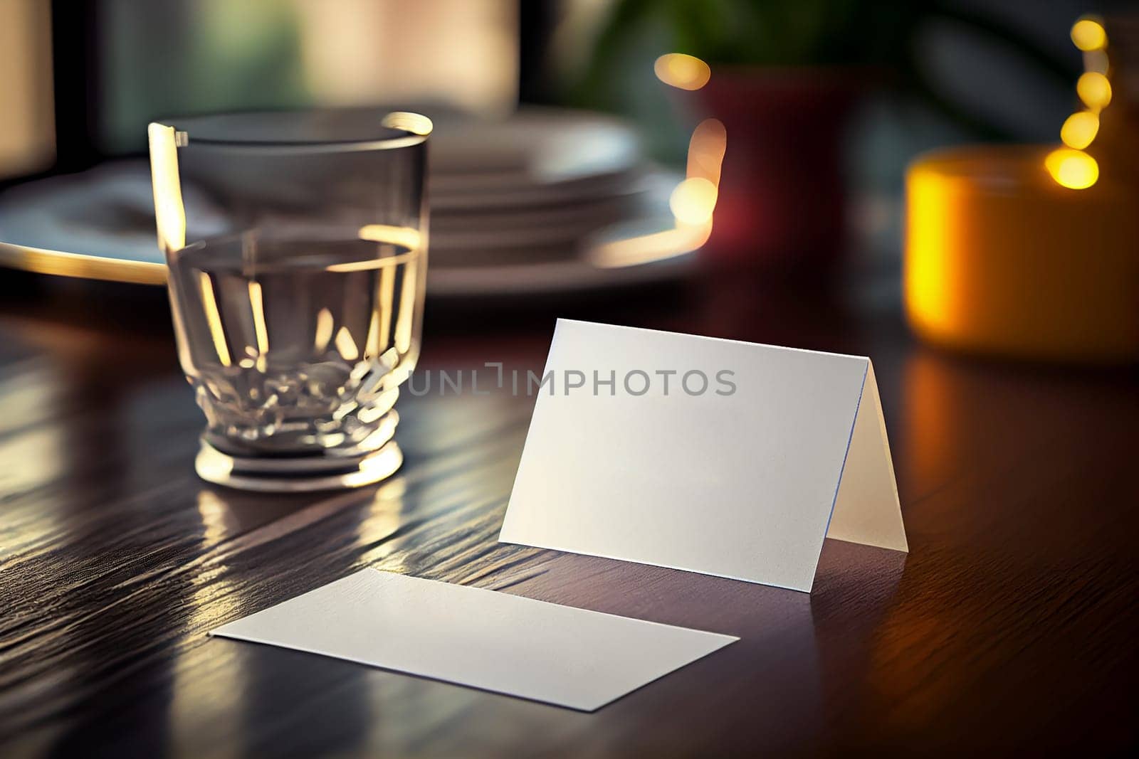 Blank paper table card on wooden table over bar blurry background